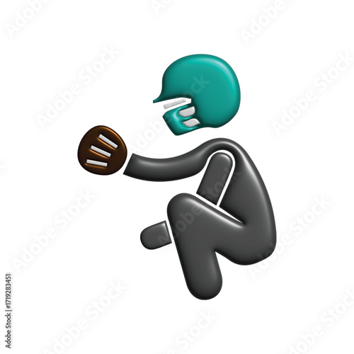 Dynamic 3D rendering of a stylized baseball catcher icon, depicted in a squatting pose with a mitt and helmet against a clean white backdrop