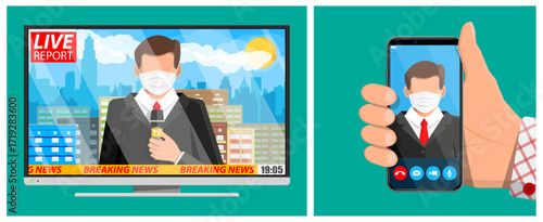 Man reporter on live report in medical face mask on TV screen and smartphone video call. Broadcasting news concept.