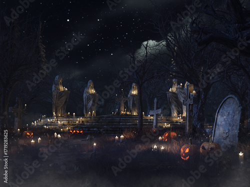 Halloween scenery with a spooky cemetery at night with stone statues and pumpkin lanterns. Image made with 3d resources and painted elements. No AI used.