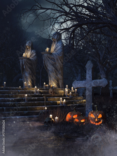 Halloween scene with stone graveyard statues, spooky withered trees and pumpkin lanterns at night. Image made with 3d resources and painted elements. No AI used.