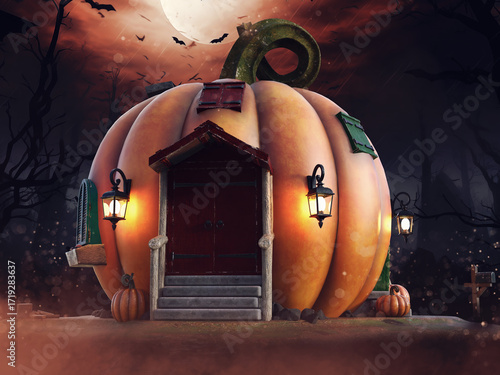 Colorful fantasy pumpkin house with lanterns hanging by the door, full moon and bats flying in the background. Image made with 3d resources and painted elements. No AI used.