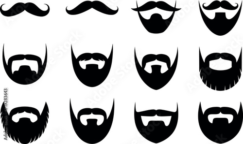Variety of Black Vector Mustache and Beard Illustrations Isolated on White