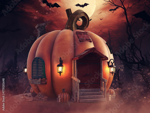Fantasy pumpkin house with lanterns, tree logs, small pumpkins, and bats flying around it. Image made with 3d resources and painted elements. No AI used.
