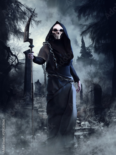 Spooky scene with a grim reaper holding a scythe and standing in a dark cemetery at night, surrounded by trees and tombstones. Image made with 3d resources and painted elements. No AI used.