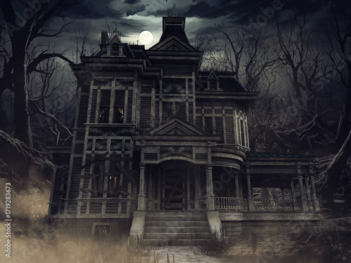 Spooky old abandoned house at night, with full moon, withered trees around it, and swamp. Image made with 3d resources and painted elements. No AI used.