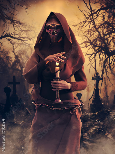 Woman wearing a death mask and red hooded robe, holding a candle, and standing at an old cemetery at sunset. Image made with 3d resources and painted elements. No AI used.