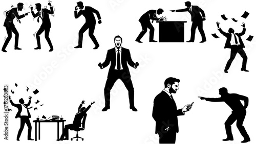 A set of silhouette icons depicting the behavior of a businessman who is tried, stressed, and mentally confused.