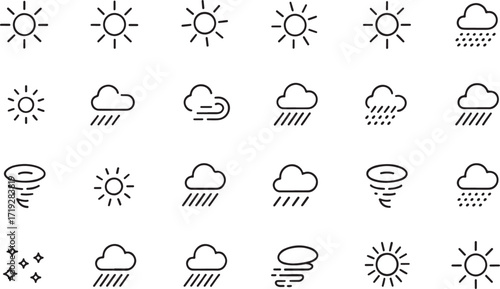 line weather icons set: sun, moon, clouds, rain, snow, lightning, wind, rainbow, tornado.