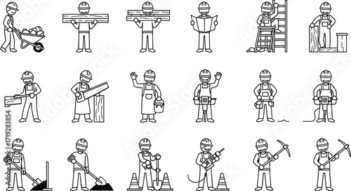 Construction workers, cartoon illustration, safety gear, building tools, labor tasks, industrial site, teamwork, engineering, blueprint, jackhammer, shovel, ladder, wheelbarrow