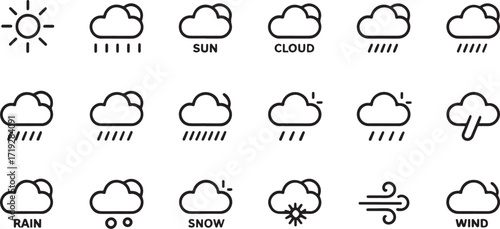 line weather icons set: sun, moon, clouds, rain, snow, lightning, wind, rainbow, tornado.