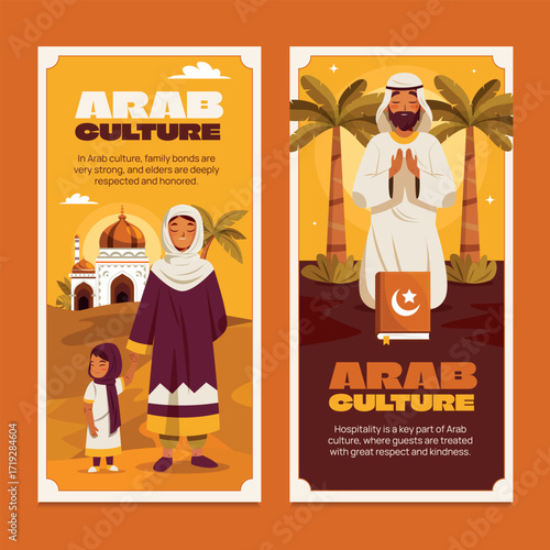 Flat Hand Drawn Vertical Banner Set  of Arab Culture