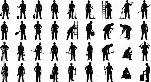 Construction workers, labor silhouettes, industrial tools, manual work, engineering poses, job site actions, tradespeople, black icons, vector illustration, equipment tasks