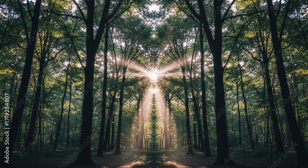 Fototapeta premium Sunlight Peeking Through Tall Green Forest Trees in Morning Light