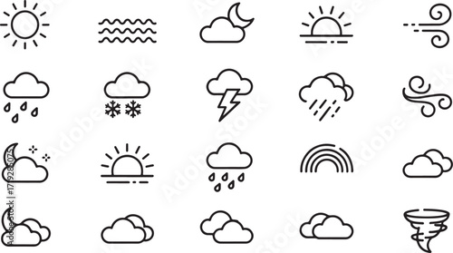 line weather icons set: sun, moon, clouds, rain, snow, lightning, wind, rainbow, tornado.