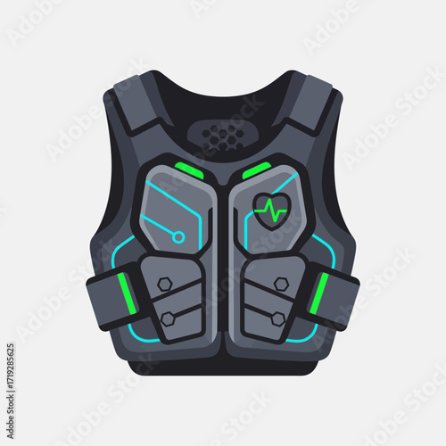 Illustration of a futuristic tactical vest with green accents on a white background.