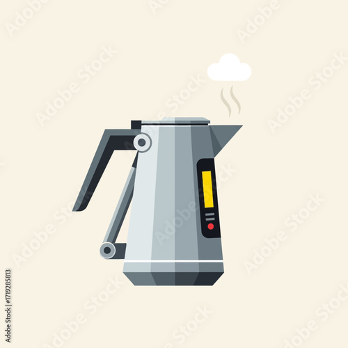 Illustration of a silver electric kettle with steam coming out of the spout.
