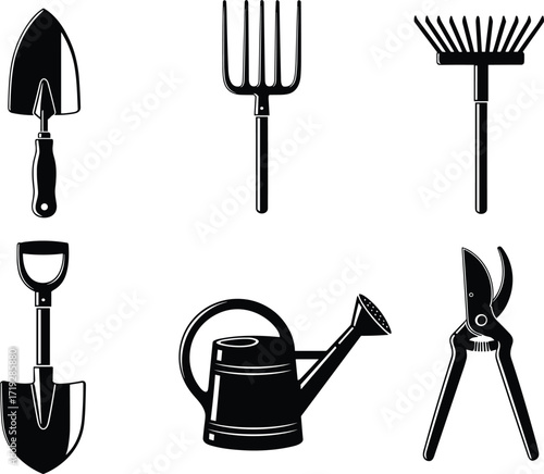 Essential gardening tools, hand trowel, garden fork, rake, spade, watering can, pruning shears, horticulture equipment, backyard work, soil care, landscaping gear