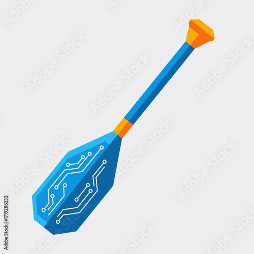 Stylized digital paddle with circuit board design in blue and orange.