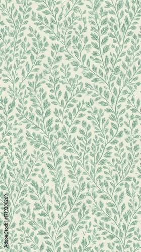 A seamless pattern of stylized, pale green sprigs and leaves on a creamy background, arranged in a cascading, flowing design