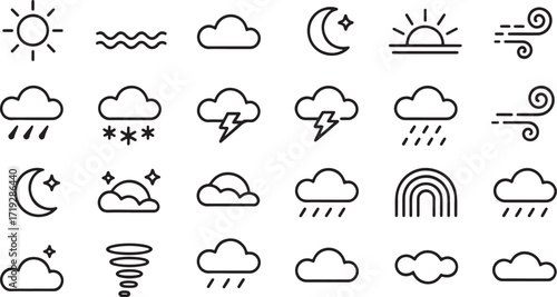 line weather icons set: sun, moon, clouds, rain, snow, lightning, wind, rainbow, tornado.