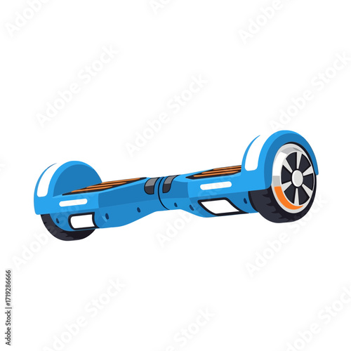 Blue hoverboard with white accents and black wheels on a white background.
