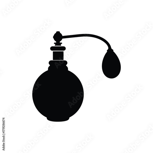 A silhouette of a perfume bottle with a round body and a bulb atomizer on a white background