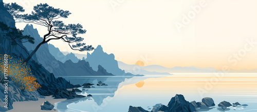 기암절벽이 있는 제주도 해변의 아침 풍경, 일러스트레이션 스타일-Morning scenery of Jeju Island's seaside with rocky cliffs, illustration style