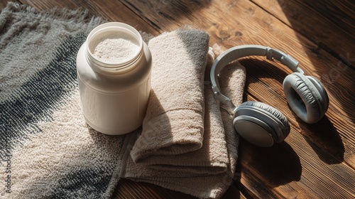 Fitness lifestyle flat lay with creatine monohydrate jar, shaker, towel, and headphones on wooden surface