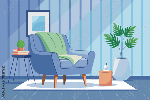 Armchair with blanket and plant Cozy living room interior design Vector illustration Flat style