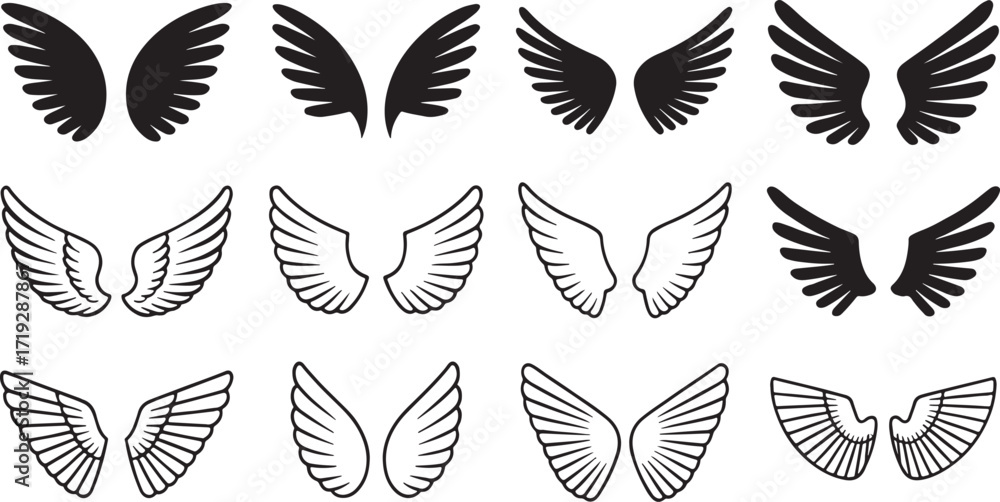 Obraz premium Set of twelve artistic wing illustrations in black and outline styles, ideal for tattoos, logos, and graphic design.