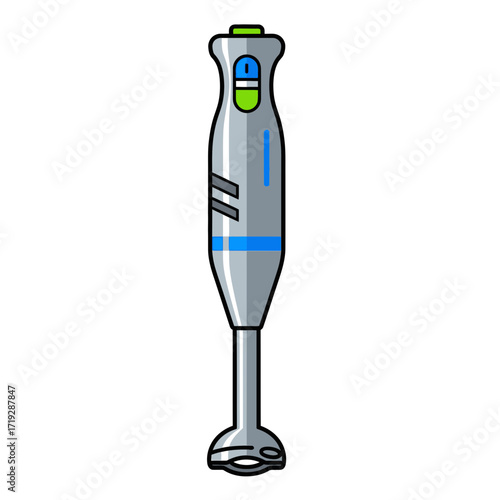 Illustration of a gray immersion blender with blue and green accents.