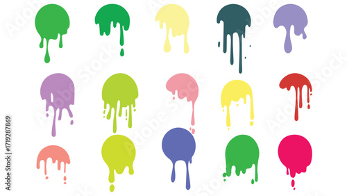 Colorful paint blobs with dripping effect on white background