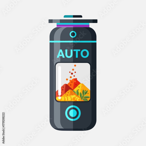 Illustration of an automatic spice dispenser with a window showing spices.