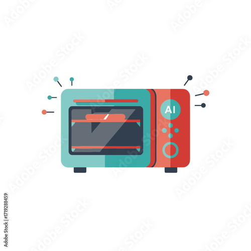 Illustration of a teal and red AI-powered oven.