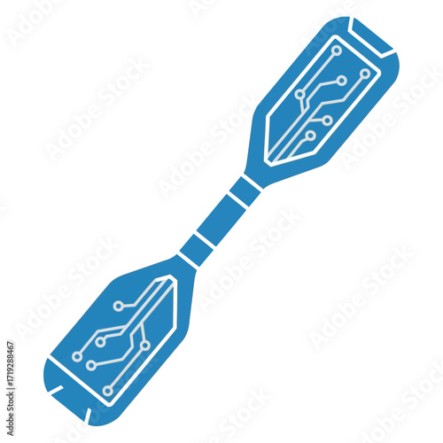 Stylized blue paddle with circuit board design, isolated on white.