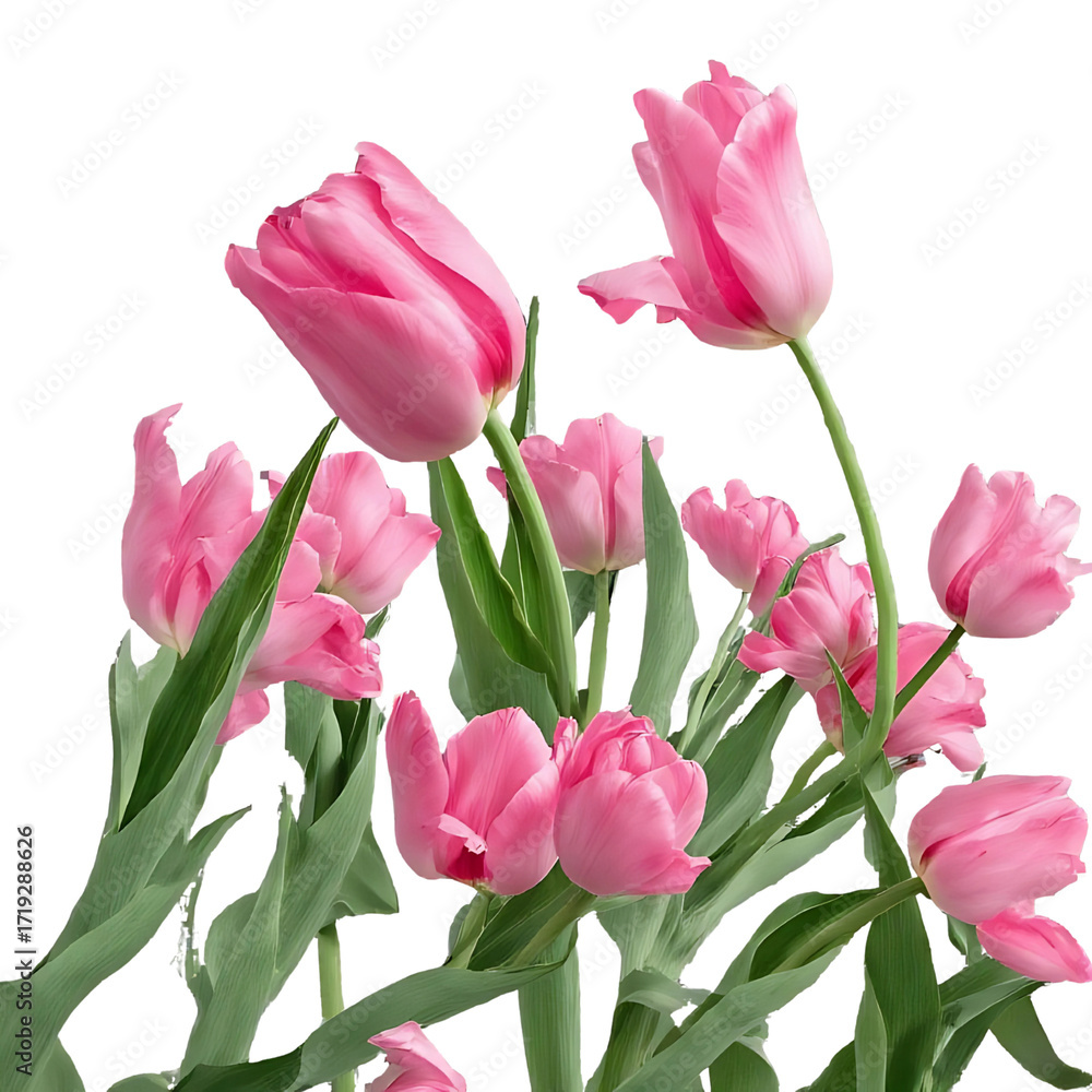 Fototapeta premium A beautiful bouquet of pink tulips and flowers with green leaf isolated on a white background for spring beauty.