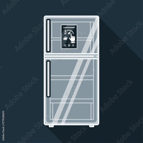 Illustration of a modern refrigerator with a digital display and long shadow.