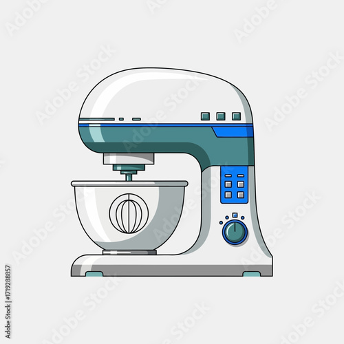 Illustration of a white and blue stand mixer with a bowl and whisk attachment.
