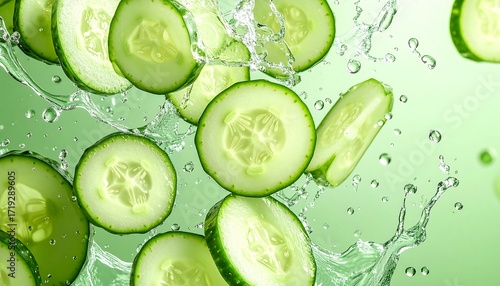 Cucumber slices in water splashes