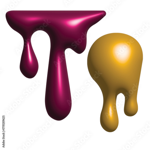 Vibrant magenta and golden liquid forms dripping, creating a dynamic and glossy abstract design on a clean white background, perfect for modern graphic elements and creative compositions