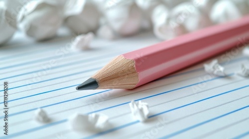 Close up of a pink pencil on lined paper with crumpled paper balls. Concept of creativity and writing.