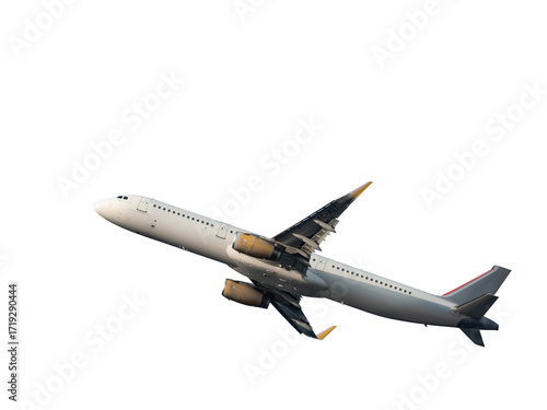 Commercial airplane flying up on transparent background