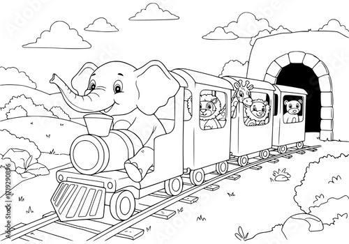 Delightful animal train adventure coloring page for kids, featuring an elephant conductor and a playful lion, giraffe, and bear enjoying the ride through nature