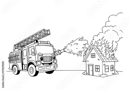 Brave fire truck dousing flames on burning house cartoon, showcasing community protection and heroic service, originally designed as a scalable vector graphic