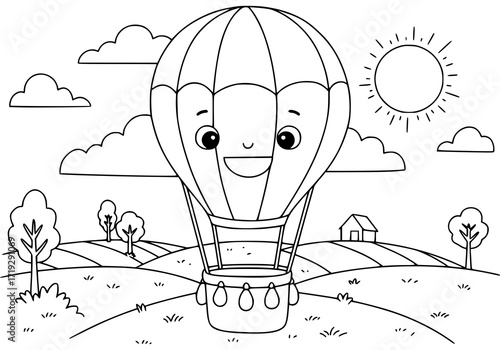 Whimsical hot air balloon adventure over rolling hills with happy sunshine, perfect for children's book illustrations and coloring pages