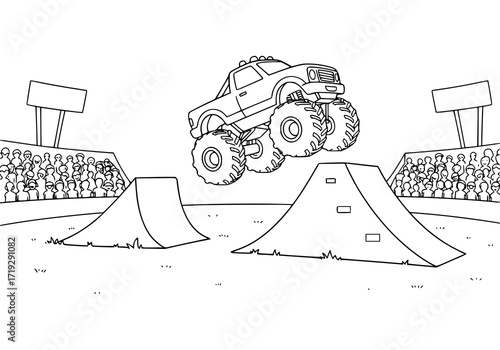 Thrilling monster truck rally jumps over ramps, audience cheering wildly, perfect for kids' activities, coloring books, and automotive entertainment designs