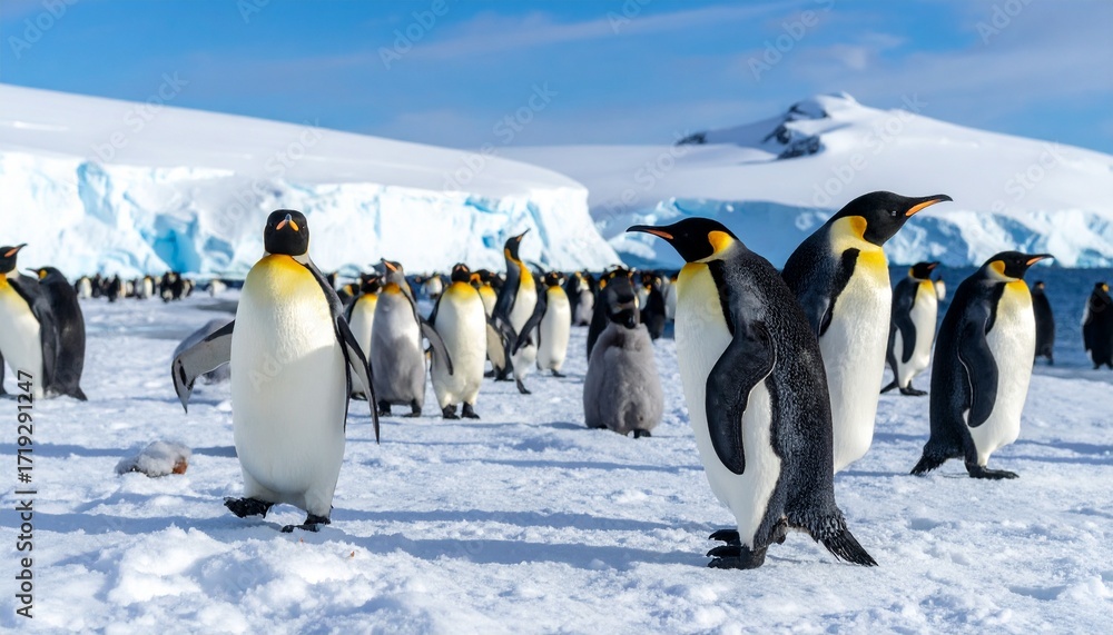 Obraz premium A colony of emperor penguins walking on snow-covered ground with icebergs in the background