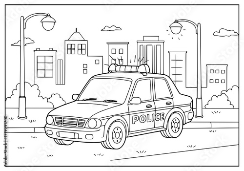 Engaging police car illustration for children's coloring books and educational resources, a fun design showing law enforcement in a friendly city scene