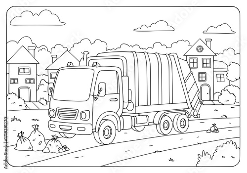 Cartoon garbage truck collecting trash bags in neighborhood street, perfect for children's coloring book or waste management education materials