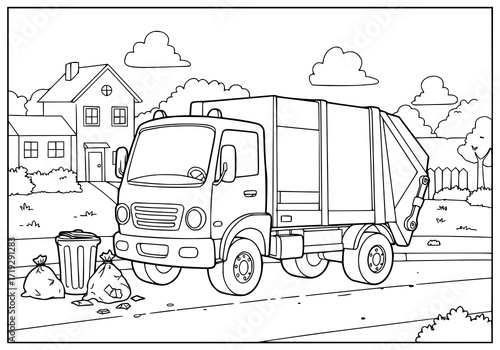 Engaging garbage truck outline illustration, perfect for educational resources, coloring books, or waste management awareness campaigns, a fun learning tool